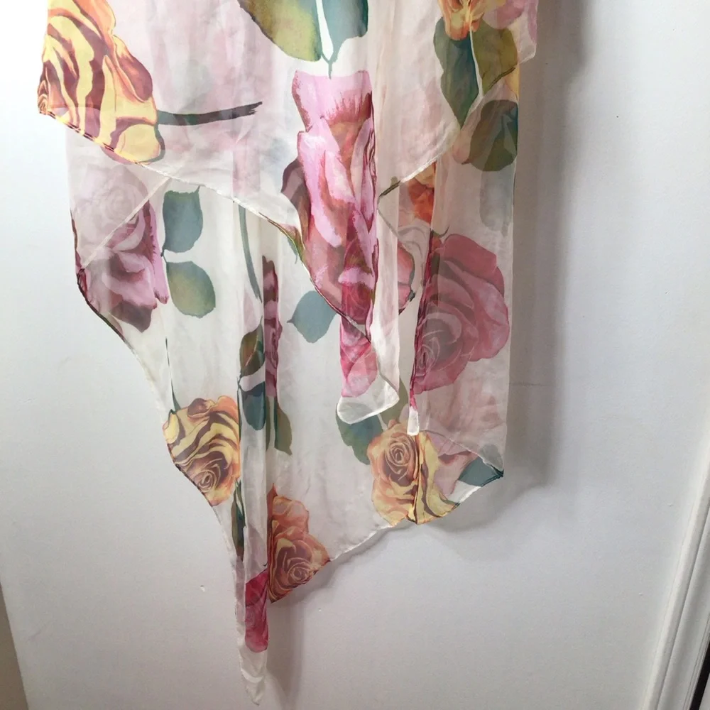 Sheer Floral Rose Scarf Wrap in White with Pink & Yellow Roses - Picture 2 of 4